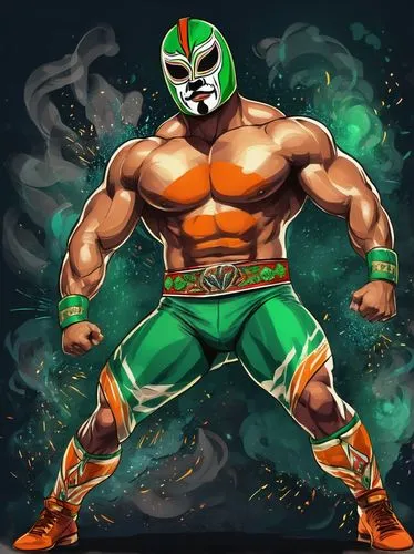 Corridora, Mexican wrestler, muscular man, strong facial features, dark hair, thick eyebrows, mustache, colorful wrestling mask, vibrant orange and green attire, golden belts, dramatic posing, flexing