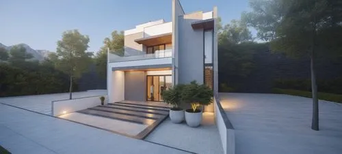 DISEÑO EXTERIOR DE CASA ESTILO MINIMALISTA, CON MUROS CON CANTERA GRIS, EN COMBINACION CON MUROS DE COLOR BLANCO Y GRIS, PLANO CINEMATOGRAFICO, CORRECCION DE ERRORES,a house in the evening light with 