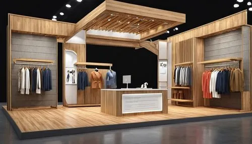 fashion exhibition stall design with solid background,walk-in closet,women's closet,wardrobe,sales booth,boutique,garment racks,dress shop,storefront,closet,product display,retail,fashion street,men's