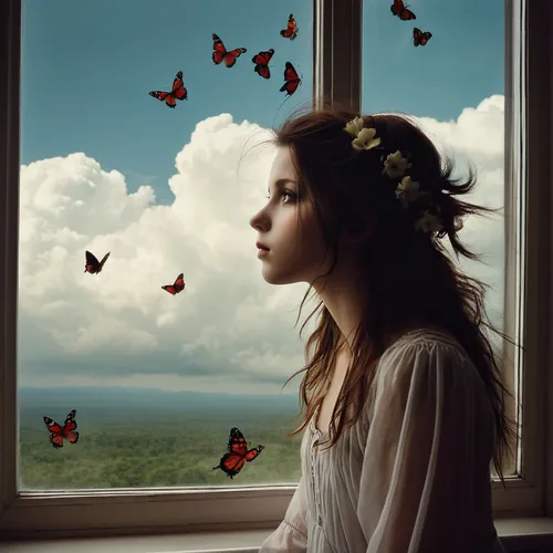 butterfly isolated,isolated butterfly,photo manipulation,mystical portrait of a girl,woman thinking,butterfly background,contemplation,conceptual photography,butterflies,vanessa (butterfly),moths and butterflies,longing,contemplative,photoshop manipulation,photomanipulation,sky butterfly,chasing butterflies,window to the world,image manipulation,ruminating,Photography,Artistic Photography,Artistic Photography 14