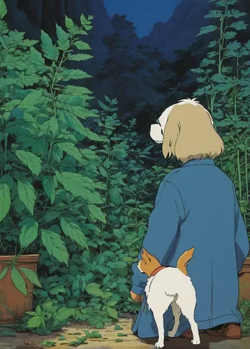 studio ghibli,forest walk,darjeeling,my neighbor totoro,in the forest,cartoon forest,boy and dog,peter rabbit,forest clover,forest,violet evergarden,dog frame,the forest,exploration,dog hiking,rabbit pulling carrot,dog poison plant,garden-fox tail,forest floor,stroll,Illustration,Japanese style,Japanese Style 14