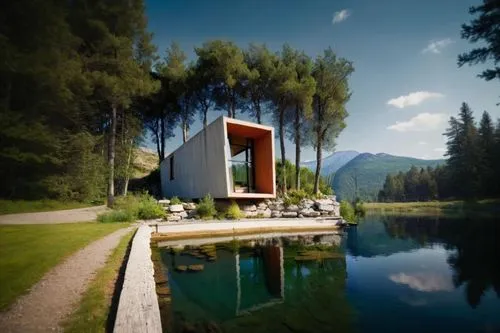 house with lake,inverted cottage,mirror house,zumthor,corten steel,cubic house,summer house,house by the water,snohetta,the cabin in the mountains,house in the mountains,house in mountains,pool house,