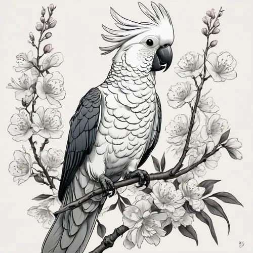 flower and bird illustration,rose-breasted cockatoo,cockatoo,eagle illustration,moluccan cockatoo,bird illustration,Illustration,Black and White,Black and White 08