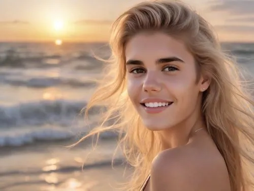 justin bieber is a woman, wearing a triangle bikini, stands with her back to the setting sun on a beach, looking over her shoulder at the camera.
The woman's perfect form is etched against the canvas 