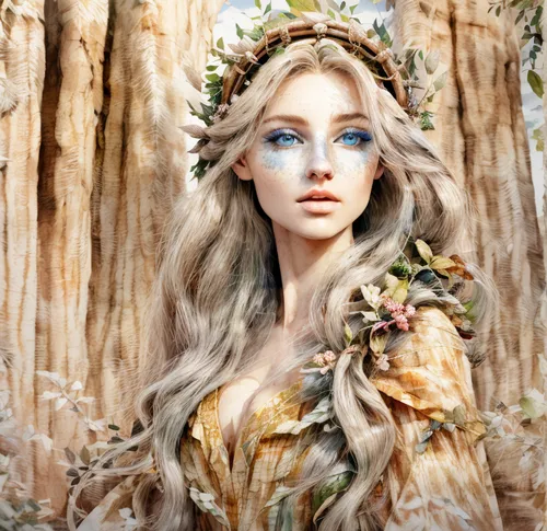 dryad,fairy queen,faerie,faery,jessamine,the snow queen,elven,the enchantress,elven flower,aphrodite,suit of the snow maiden,enchanted forest,celtic queen,miss circassian,elven forest,faun,girl in a wreath,mother nature,golden wreath,wood elf