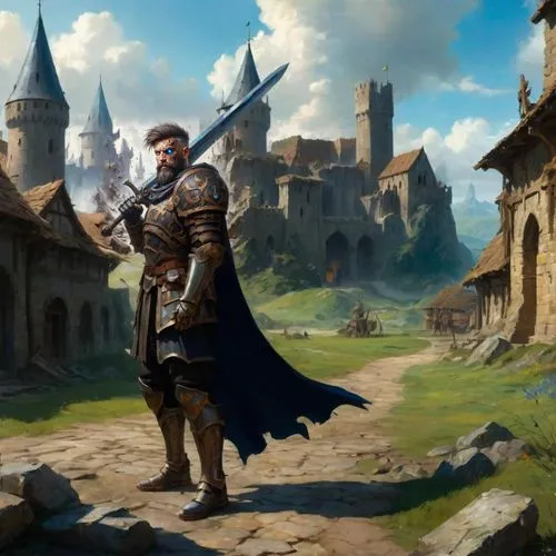 Warrior in full plate armor with a great-sword standing infront of a destroyed medieval village in the style of an acrylic painting,castleguard,heroic fantasy,knight village,paladin,dane axe,medieval,