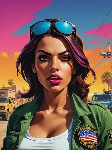 game illustration,retro girl,aviator,game art,action-adventure game,retro women,fighter pilot,bomber,retro woman,cuba background,steam release,glider pilot,car hop,retro background,birds of prey-night,rosa ' amber cover,havana,girl with a gun,americana,helicopter pilot,Illustration,Vector,Vector 19