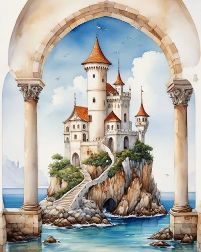 water castle,peter-pavel's fortress,fairy tale castle,castle of the corvin,knight's castle,templar castle,castel,vizcaya,ruined castle,island of rab,fantasy landscape,fairytale castle,castle ruins,fantasy art,coastal landscape,medieval castle,fantasy picture,imperial shores,sea fantasy,castle,Illustration,Abstract Fantasy,Abstract Fantasy 11