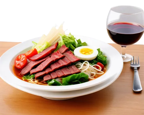 Delicious food, restaurant setting, appetizing close-up, shallow depth of field, vibrant colors, soft natural light, wooden table, white plate, metal fork, knives, glasses of wine, Japanese ramen nood