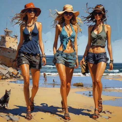 donsky,walk on the beach,beachgoers,beachcombers,beach walk,beachwear,beachheads,beach goers,meninas,the three graces,sun hats,maidens,straw hats,vacationers,demoiselles,bathers,three friends,cowgirls,beautiful beaches,beautiful photo girls,Conceptual Art,Sci-Fi,Sci-Fi 01