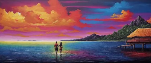 moorea,bora bora,an island far away landscape,oil painting on canvas,sea landscape,marquesas,krakatoa,tahiti,senja,french polynesia,tropical sea,dreamscape,coastal landscape,art painting,polynesia,morne,beach landscape,waipio,kanaloa,volcanic landscape,Illustration,Realistic Fantasy,Realistic Fantasy 25