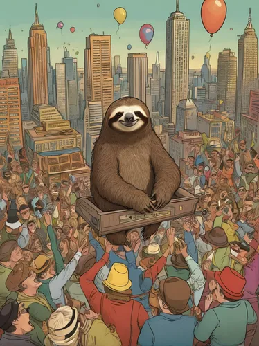 slothbear,anthropomorphized animals,sci fiction illustration,book illustration,extinction rebellion,balloon trip,large market,captive balloon,ballooning,crowds,game illustration,earth day,bear market,evacuation,book day,pan-bagnat,kong,sloth,bean bag,groundhog day,Illustration,Paper based,Paper Based 01