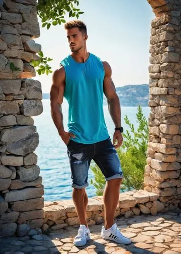 Muscular man, athletic build, short spiky hair, sharp jawline, bright blue eyes, small nose ring, sleeveless shirt, ripped jeans, Adidas sneakers, relaxed posture, leaning against a stone wall, Medite