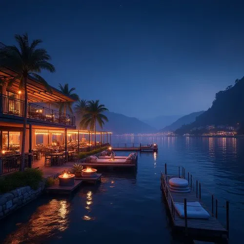 over water bungalows,house by the water,khao phing kan,moorea,lake lucerne,amanresorts,lake cuomo,waterfront,halong,yelapa,lago di lugano,hallstatt,lake como,blue hour,floating huts,houseboats,lefay,yangling,boat dock,dockside,Photography,General,Realistic