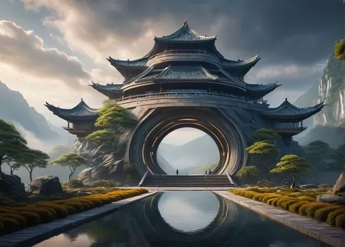 fantasy landscape,asian architecture,dragon bridge,world digital painting,fantasy picture,qingcheng,hall of supreme harmony,taoism,wudang,imaginasian,tianxia,cartoon video game background,changfeng,yangzhou,landscape background,rongfeng,background design,hezhou,wuzong,fantasy art,Art,Classical Oil Painting,Classical Oil Painting 41