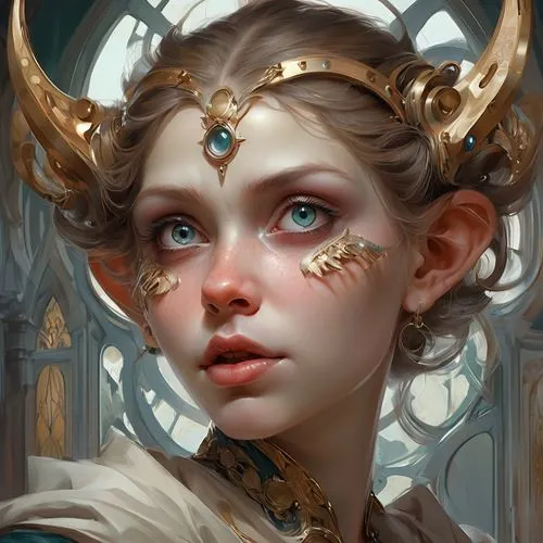 Grands yeux globuleux, grandes dents pointues, oreilles poilues, bave, ,fantasy portrait,faun,mystical portrait of a girl,baroque angel,fantasy art,golden crown,gold crown,wood elf,elven,priestess,fae