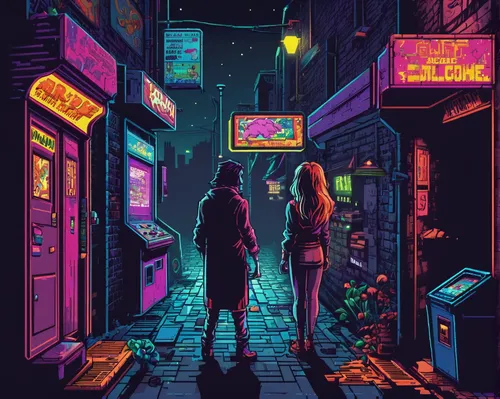 cyberpunk,alley,alleyway,tokyo city,arcade,tokyo,80s,neon ghosts,shinjuku,retro styled,80's design,pixel art,colorful city,neon arrows,neon coffee,aesthetic,neon,nightlife,neon lights,nostalgic,Unique,Pixel,Pixel 04