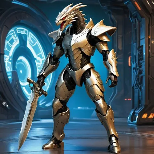 A futuristic bionic character resembling a humanoid dragon, standing on two feet. The character has a sleek, metallic body with dragon-like features, including scaled armor plating, claws, and a tail.