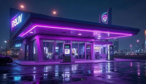 Bold gas station, modern architecture, futuristic design, vibrant purple exterior walls, metallic accents, neon signs, sleek lines, angular shapes, glass and steel structure, cityscape background, nig