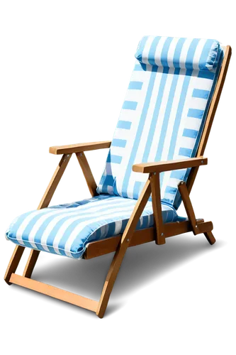 Beach chair, wooden frame, soft cushions, striped fabric, armrests, adjustable backrest, reclined position, sandy beach, seaside, calm ocean waves, blue sky, fluffy white clouds, morning sunlight, war