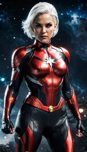 A realistic full-body portrayal of a female superhero inspired by the Phyla-Vell character with a red and black costume and white hair. She is depicted as a strong, athletic figure, symbolizing her po