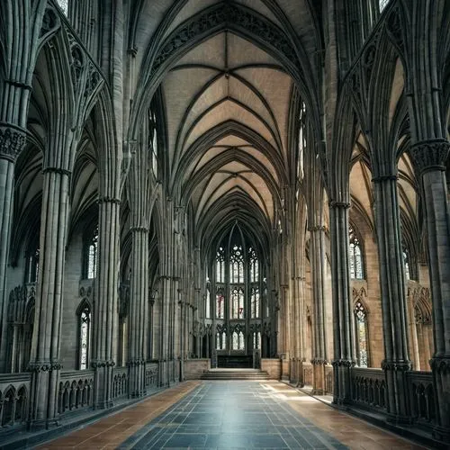 an interior view of a cathedral with rows of arches and high vaulted ceiling,york minster,cathedrals,reims,neogothic,lichfield,canterbury,vaulted ceiling,rouen,minster,york,cologne cathedral,coventry,