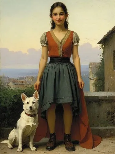 girl with dog,bouguereau,girl in a long dress,lucquin,girl with cloth,ruffolo,Art,Classical Oil Painting,Classical Oil Painting 32