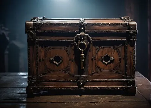 SCP-143, European-style antique wooden box, ornate carvings, rusted metal hinges, old-fashioned keyhole, dimly lit, mysterious atmosphere, foggy background, eerie ambient lighting, cinematic compositi