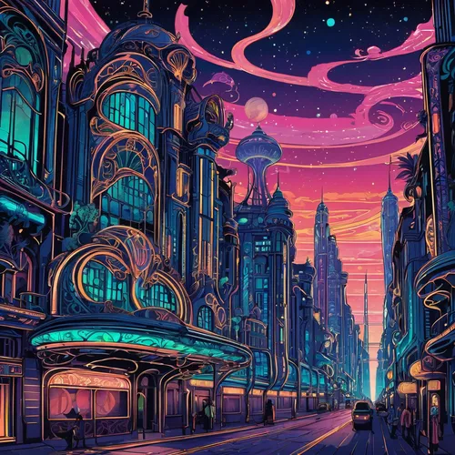 fantasy city,colorful city,fox theatre,metropolis,cityscape,movie palace,luna park,valerian,art nouveau,panoramical,pink city,cg artwork,evening city,vittoriano,fantasia,sci fiction illustration,orchestral,fantasy world,futuristic landscape,musical background,Illustration,Retro,Retro 13