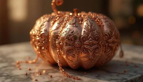 Copper material, luxurious, elegant, shiny metallic surface, ornate details, Victorian-era inspired, intricate patterns, rose-gold accents, soft warm lighting, 3/4 composition, shallow depth of field,