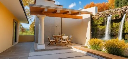 WATERFALL WALL WITH STONE,the house has a patio with a waterfall outside,landscape designers sydney,landscape design sydney,garden design sydney,vivienda,passivhaus,landscaped