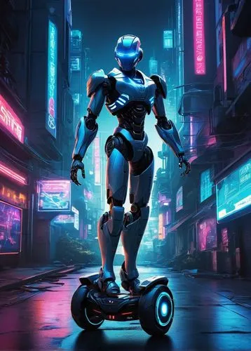 AI robot, futuristic design, metallic body, glowing blue eyes, advanced limbs, hoverboard, sci-fi background, cityscape, neon lights, dark alleys, cyberpunk atmosphere, high-tech gadgets, wires, circu