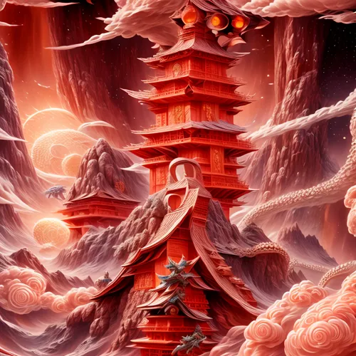 nine-tailed,mushroom landscape,chinese temple,hanging temple,forbidden palace,fairy chimney,chinese dragon,japanese art,chinese clouds,chinese art,buddhist hell,tsukemono,red lantern,mushroom island,tower of babel,world digital painting,pillar of fire,sci fiction illustration,fantasy landscape,japanese background