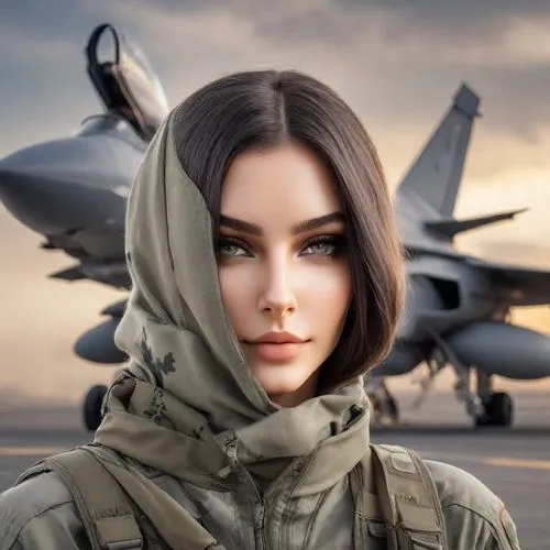 model headshot，Women's Fashion，
American Minimalism,a woman in military clothes standing next to two fighter jets,iriaf,sukhoi,servicewoman,rosoboronexport,civilian,zvezda,Photography,Natural