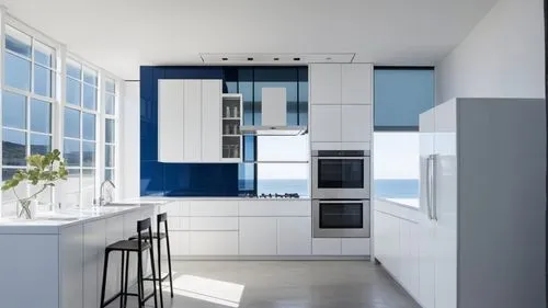 Kitchen inspired by Piet Mondrian's painting
Do not change the colors,white and blue kitchen with windows overlooking the ocean,modern kitchen interior,kitchen design,tile kitchen,gaggenau,modern kitc