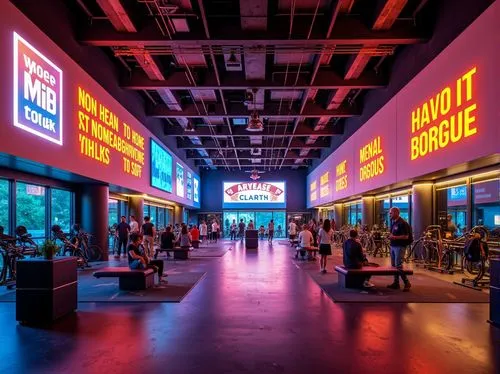 Vibrant fitness studio, dynamic neon lights, energetic atmosphere, bold color scheme, deep blues, fiery oranges, electric yellows, motivational quotes, modern equipment, sleek flooring, futuristic arc