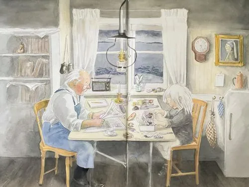 elderly couple,watercolourist,ravilious,kjartansson,knud,pensioner,dining room,elderly man,kitchen table,the kitchen,breakfast table,schorpen,girl in the kitchen,salminen,fedden,watercolorist,kitchen,