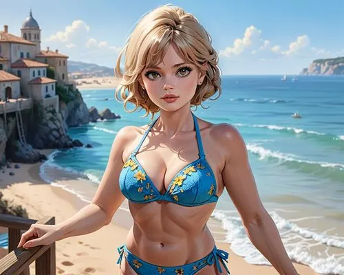 Brigitte Bardot, bikini,a painting of a woman with her hands behind her back,beach background,nami,beach scenery,cindy,tiber riven,by the sea,Anime,Anime,General