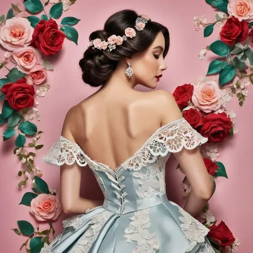 valentine pin up,disney rose,quinceaneras,bridal dress,rose flower illustration,habanera,Photography,Fashion Photography,Fashion Photography 04