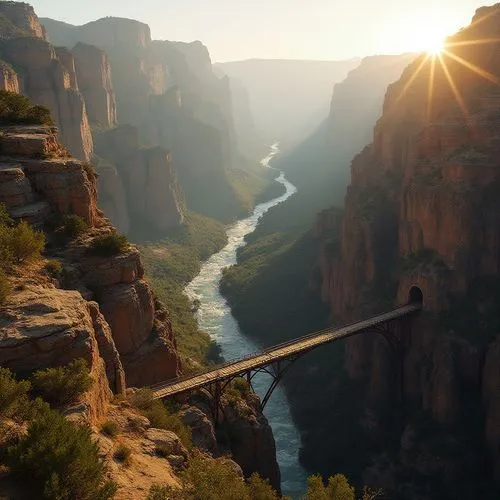 Grand Canyon, majestic landscape, panoramic view, golden hour, warm soft light, rugged terrain, layered rock formations, vast open space, eerie silence, abandoned old wooden bridge, winding river flow