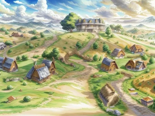 aurora village,knight village,mountain settlement,mountain village,escher village,villages,rural landscape,home landscape,farm landscape,alpine village,landscape background,cartoon video game background,background image,village scene,traditional village,farm background,village life,pony farm,village,medieval town