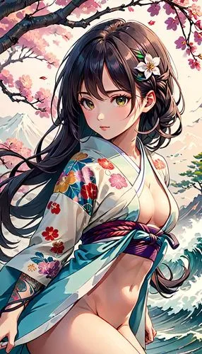 japanese floral background,kimono,yukata,japanese sakura background,summer background,yamashiro,Anime,Anime,Realistic