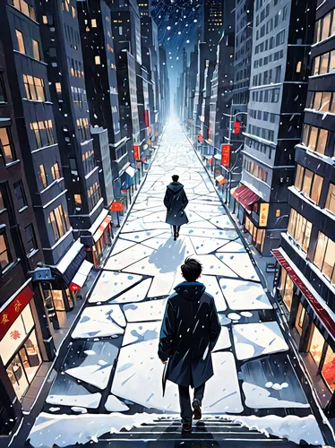 sci fiction illustration,snow scene,infinite snow,midnight snow,digital compositing,citylights,snowfall,new york,manhattan,city lights,night snow,wall street,photoshop manipulation,metropolis,the holiday of lights,christmas movie,skycraper,photo manipulation,winter background,pedestrian,Anime,Anime,General