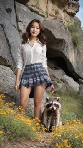 In an abandoned cave, a massive raccoon towers over a quaint landscape dotted with towering boulders. The raccoon's coat is a vibrant brown, and its eyes are focused intently on the surrounding wall. 