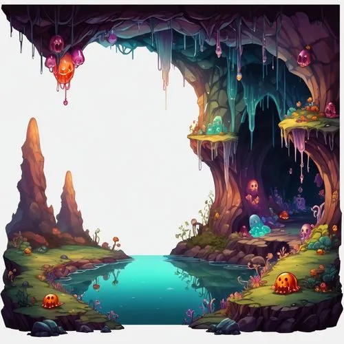 2d side sprite of a jelly colored spooky cave wall landscape scene, transparent background,an underground cave with pumpkins and a lake,caverns,cavern,caves,mushroom landscape,cave,fairy village,Illus