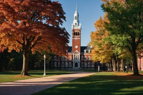 Modern university campus, UMass-inspired design, brick-red buildings with white columns, sprawling green lawns, autumn foliage, students walking in the distance, iconic clock tower, intricate stone ca