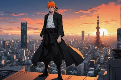 sanji,anime japanese clothing,tall man,orange sky,sky city,above the city,shinigami,orange robes,skycraper,rising sun,orange,hinata,black coat,overcoat,orange color,high-rise,yukio,skyscraper,long coat,main character,Illustration,Black and White,Black and White 02