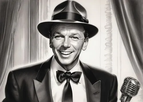 frank sinatra,sinatra,humphrey bogart,astaire,bogie,bogart,belmondo,crooner,crooners,bowlly,las vegas entertainer,kolchak,gardel,krayer,woolcott,delaughter,franciosa,caricaturist,scatman,blues and jazz singer,Illustration,Black and White,Black and White 30