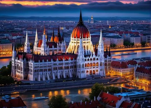 Hungarian architecture, ornate Gothic Revival, Baroque details, grand scale, majestic spires, intricate stone carvings, stained glass windows, ornamental turrets, vibrant colored roof tiles, Budapest 