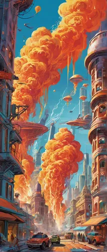 futuristic landscape,post-apocalyptic landscape,fire planet,dystopia,dystopian,valerian,sci fiction illustration,apocalypse,destroyed city,apocalyptic,metropolis,post-apocalypse,gas planet,fantasy city,world digital painting,scifi,vast,fractal environment,city in flames,seismic,Illustration,Abstract Fantasy,Abstract Fantasy 13